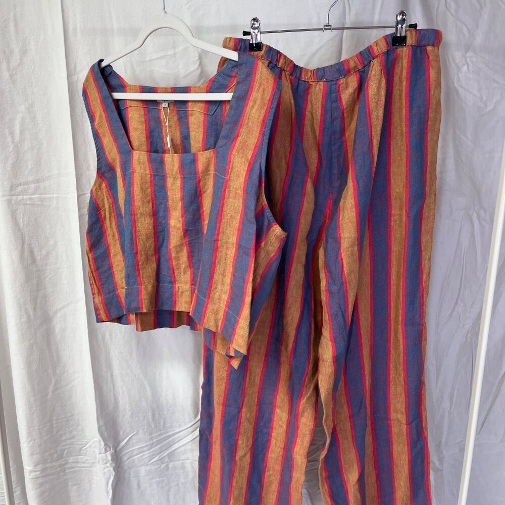 Striped Wide-Leg Linen-Blend Pants in Blue and Pink - Picture 10 of 13
